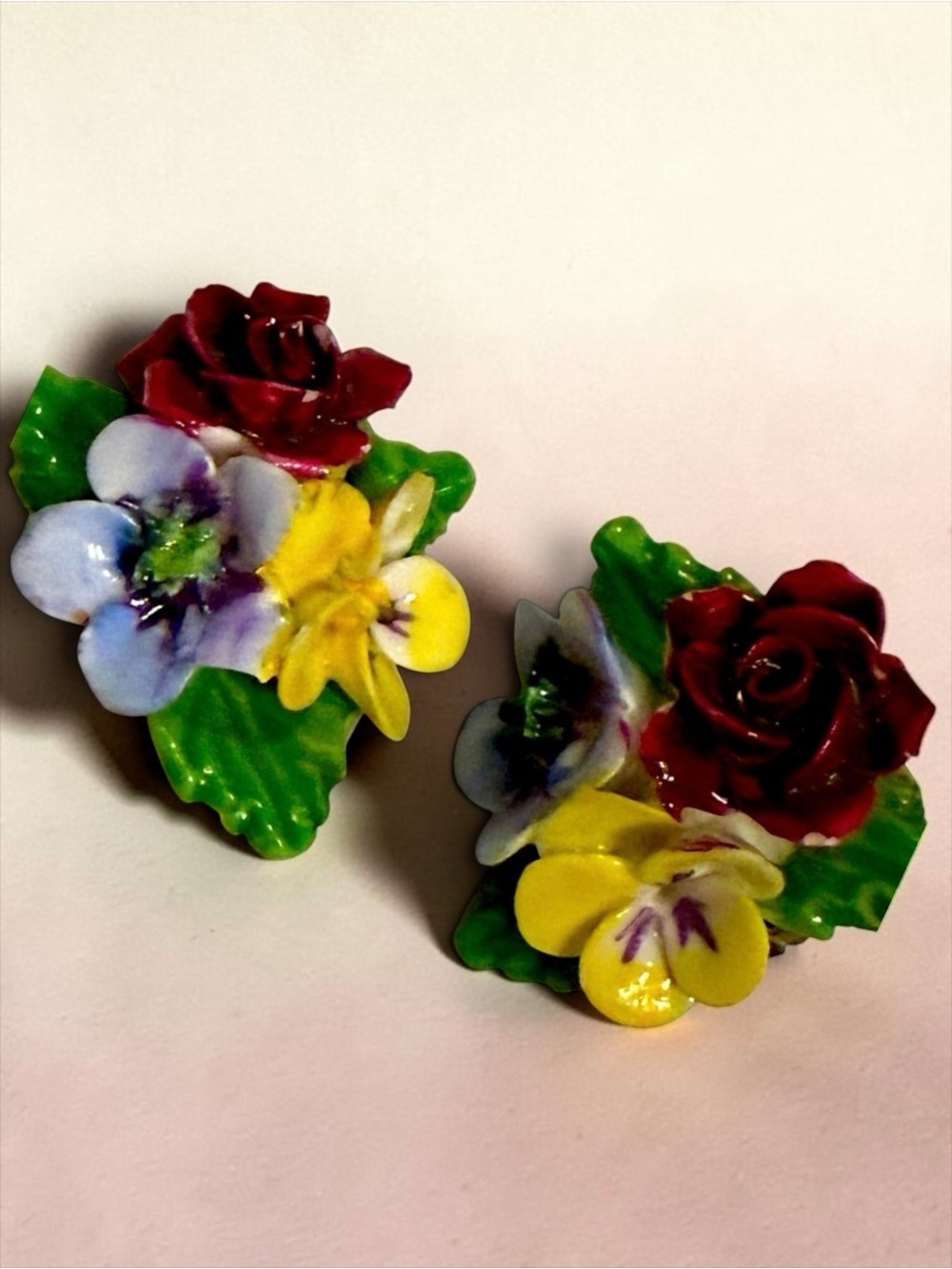 Vintage Porcelain Floral Boquet clip-on Earrings, made in England Cottagecore